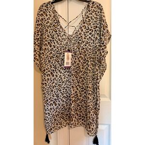 Palisades Beach Club Leopard Print Swim Cover Up Tassel Lace Up Back XL XXL